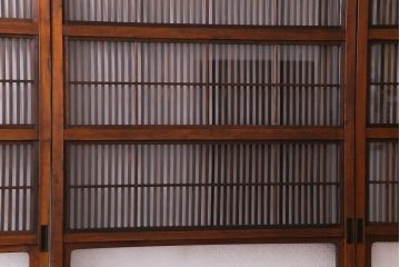 昭和レトロ　板ガラス裏障子留め　花ガラス入り　温かな色味が魅力の格子戸(ガラス帯戸、引き戸、建具)3枚セット