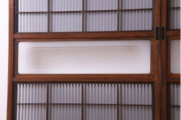 昭和レトロ　板ガラス裏障子留め　温かな色味が魅力の格子戸(ガラス帯戸、引き戸、建具)2枚セット