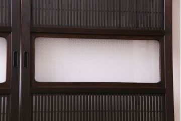和製アンティーク　板ガラス裏障子留め　オリジナル花ガラス入り格子戸2枚セット(引き戸、ガラス帯戸、仕切り戸)