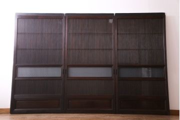 和製アンティーク　板ガラス裏障子留め　花模様ガラス入り　上品な佇まいのレトロな格子戸3枚セット(ガラス帯戸、引き戸、建具)