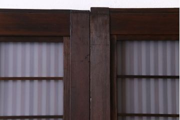 和製アンティーク　板ガラス裏障子留め　花模様ガラス入り　上品な佇まいのレトロな格子戸3枚セット(ガラス帯戸、引き戸、建具)