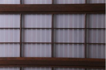 昭和期　板ガラス裏障子留め　ガラスから透ける縦桟が美しい格子戸(ガラス帯戸、仕切り戸、引き戸、建具)2枚組