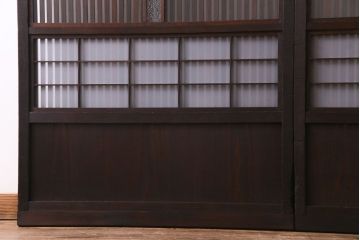昭和期　板ガラス裏障子留め　ガラスから透ける縦桟が美しい格子戸(ガラス帯戸、仕切り戸、引き戸、建具)2枚組