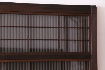 昭和レトロ　板ガラス裏障子留め　ケヤキ材　個性的な組み合わせが魅力の格子戸(ガラス帯戸、仕切り戸、引き戸、建具)2枚組