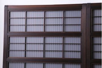 昭和レトロ　板ガラス裏障子留め　懐かしさを感じる麻の葉ガラス入り格子帯戸(ガラス帯戸、格子戸、引き戸、建具)4枚組