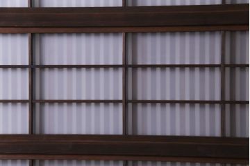 昭和レトロ　板ガラス裏障子留め　懐かしさを感じる麻の葉ガラス入り格子帯戸(ガラス帯戸、格子戸、引き戸、建具)4枚組
