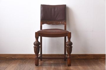 【H様ご成約済】イギリスアンティーク　オーク材　本革　彫刻の意匠がおしゃれなチェア(ダイニングチェア、椅子)(2)
