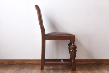 【H様ご成約済】イギリスアンティーク　オーク材　本革　彫刻の意匠がおしゃれなチェア(ダイニングチェア、椅子)(2)