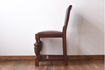 【H様ご成約済】イギリスアンティーク　オーク材　本革　彫刻の意匠がおしゃれなチェア(ダイニングチェア、椅子)(2)