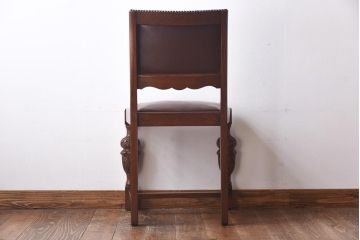【H様ご成約済】イギリスアンティーク　オーク材　本革　彫刻の意匠がおしゃれなチェア(ダイニングチェア、椅子)(2)