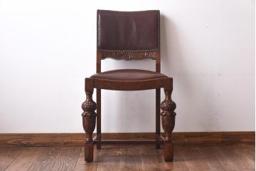 【H様ご成約済】イギリスアンティーク　オーク材　本革　彫刻の意匠がおしゃれなチェア(ダイニングチェア、椅子)(3)