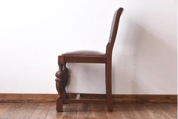 【H様ご成約済】イギリスアンティーク　オーク材　本革　彫刻の意匠がおしゃれなチェア(ダイニングチェア、椅子)(3)