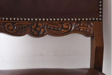 【H様ご成約済】イギリスアンティーク　オーク材　本革　彫刻の意匠がおしゃれなチェア(ダイニングチェア、椅子)(3)