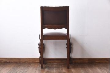 【H様ご成約済】イギリスアンティーク　オーク材　本革　彫刻の意匠がおしゃれなチェア(ダイニングチェア、椅子)(3)