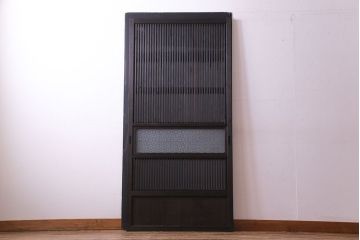 昭和レトロ　倹飩式裏ガラス　万華鏡のような花柄の帯ガラスが愛らしいガラス入り格子戸(ガラス帯戸、引き戸、建具)