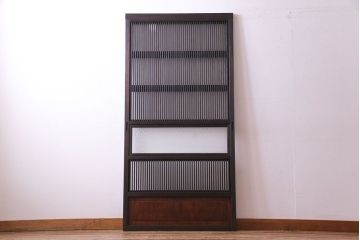 昭和レトロ　倹飩式裏ガラス　腰板ケヤキ材　松竹梅の帯ガラスがユニークな格子戸(ガラス帯戸、引き戸、建具)