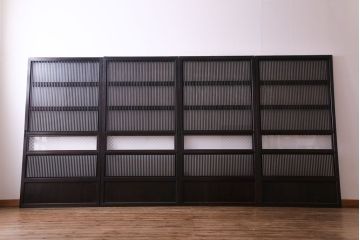 和製アンティーク　倹飩式裏ガラス　市松模様のガラスが目を引くモダンな格子戸(ガラス帯戸、引き戸、ガラス戸)4枚セット