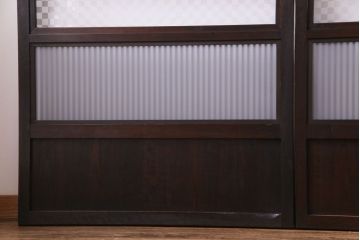 和製アンティーク　倹飩式裏ガラス　市松模様のガラスが目を引くモダンな格子戸(ガラス帯戸、引き戸、ガラス戸)4枚セット