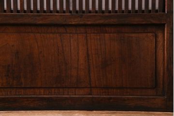 和製アンティーク　裏障子付き　変わり花菱ガラス　ケヤキの杢目が味わい深い格子戸(引き戸、建具)2枚セット