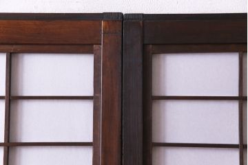 和製アンティーク　裏障子付き　変わり花菱ガラス　ケヤキの杢目が味わい深い格子戸(引き戸、建具)2枚セット