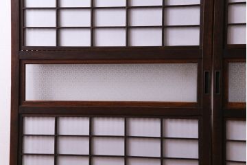 和製アンティーク　裏障子付き　変わり花菱ガラス　ケヤキの杢目が味わい深い格子戸(引き戸、建具)2枚セット