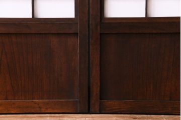 和製アンティーク　裏障子付き　変わり花菱ガラス　ケヤキの杢目が味わい深い格子戸(引き戸、建具)2枚セット