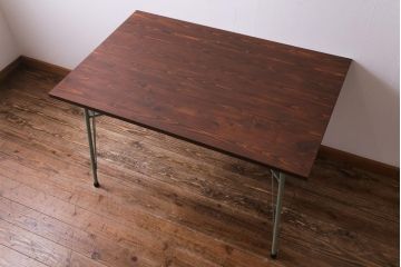 ラフジュ工房オリジナル　ヒノキ材　棚付きで使いやすいペイントの鉄脚テーブル(カフェテーブル、ダイニングテーブル、作業台)