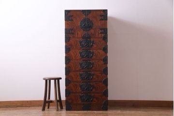 中古　伝統民芸家具　岩谷堂箪笥　観音開き戸付き　上開立長チェスト(立長箪笥、和タンス)