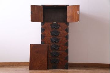 中古　伝統民芸家具　岩谷堂箪笥　観音開き戸付き　上開立長チェスト(立長箪笥、和タンス)