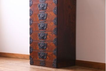 中古　伝統民芸家具　岩谷堂箪笥　観音開き戸付き　上開立長チェスト(立長箪笥、和タンス)