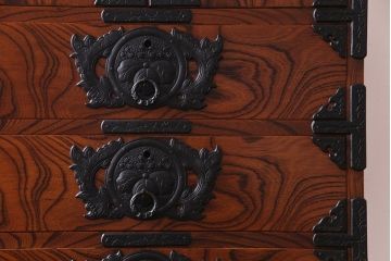 中古　伝統民芸家具　岩谷堂箪笥　観音開き戸付き　上開立長チェスト(立長箪笥、和タンス)