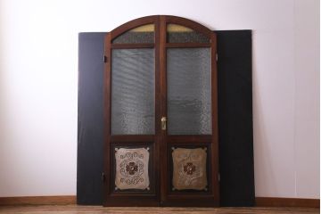 大正ロマン　激レア!　当時物色ガラス入り　両開き　アーチ型がおしゃれな総ケヤキ材のドア(木製扉、建具)2枚1対