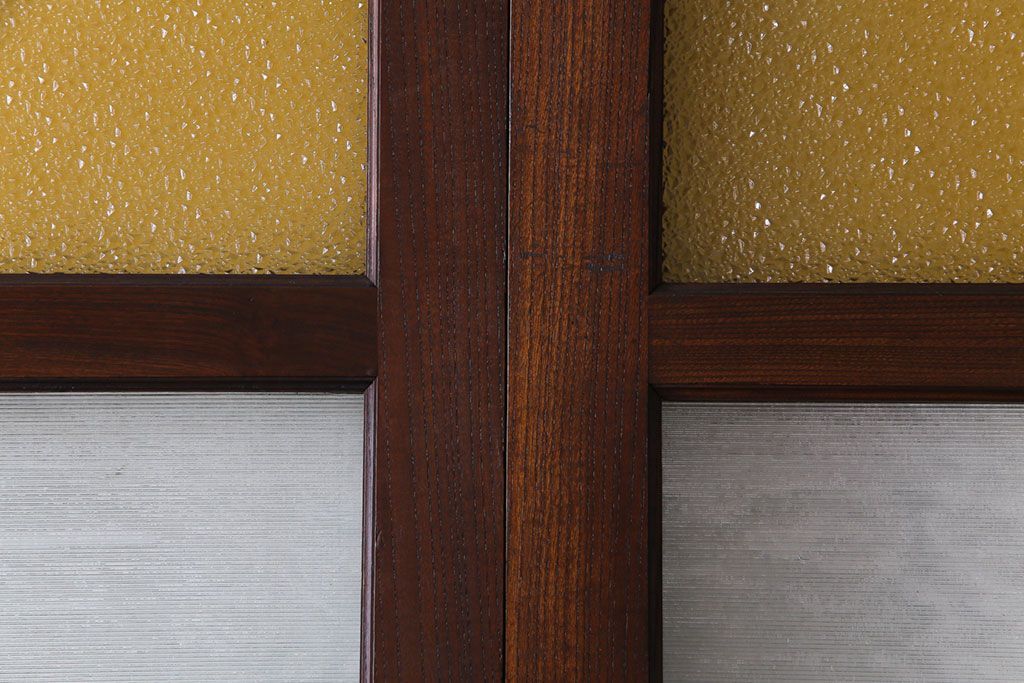 大正ロマン　激レア!　当時物色ガラス入り　両開き　アーチ型がおしゃれな総ケヤキ材のドア(木製扉、建具)2枚1対