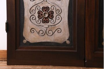 大正ロマン　激レア!　当時物色ガラス入り　両開き　アーチ型がおしゃれな総ケヤキ材のドア(木製扉、建具)2枚1対