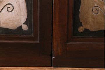 大正ロマン　激レア!　当時物色ガラス入り　両開き　アーチ型がおしゃれな総ケヤキ材のドア(木製扉、建具)2枚1対