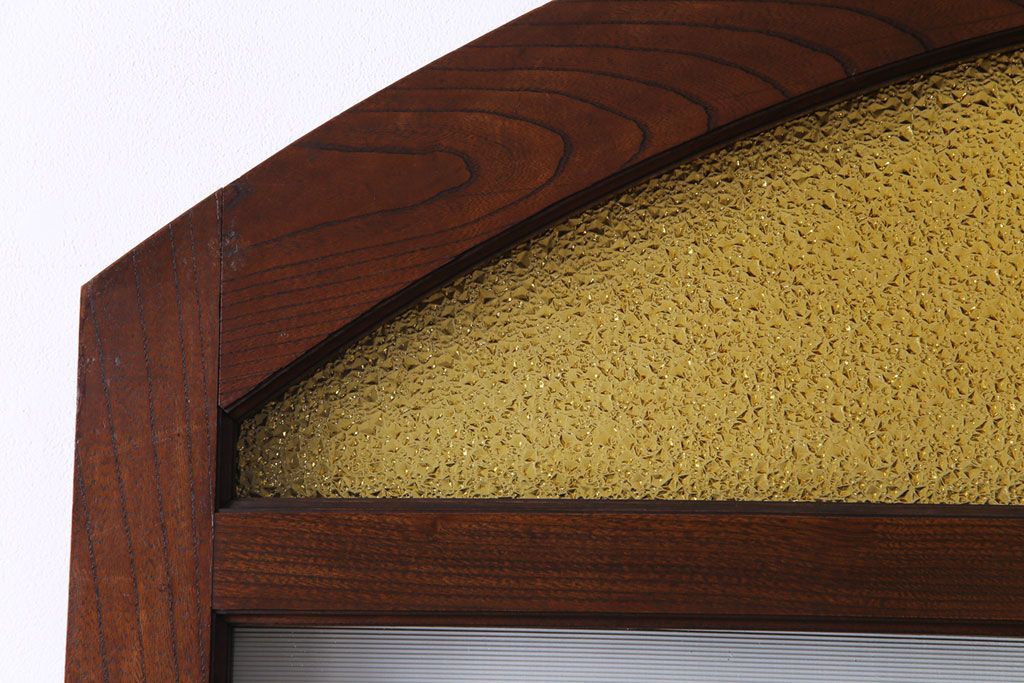 大正ロマン　激レア!　当時物色ガラス入り　両開き　アーチ型がおしゃれな総ケヤキ材のドア(木製扉、建具)2枚1対