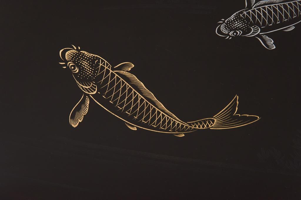 和製アンティーク　鯉の図　和の雰囲気漂う漆塗りのお膳(お盆、トレー)3枚セット