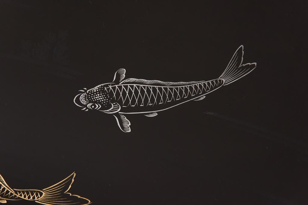 和製アンティーク　鯉の図　和の雰囲気漂う漆塗りのお膳(お盆、トレー)3枚セット