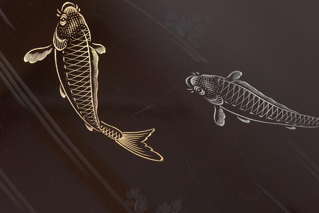 和製アンティーク　鯉の図　和の雰囲気漂う漆塗りのお膳(お盆、トレー)3枚セット