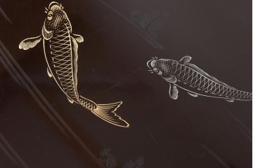 和製アンティーク　鯉の図　和の雰囲気漂う漆塗りのお膳(お盆、トレー)3枚セット