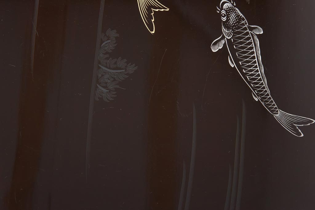 和製アンティーク　鯉の図　和の雰囲気漂う漆塗りのお膳(お盆、トレー)3枚セット