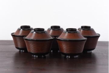 【D様ご成約分】和製アンティーク　シックな色合いが魅力的な木製糸目椀(漆器、和食器)5客セット(2)