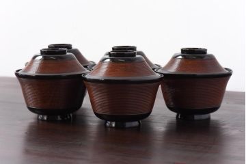 【D様ご成約分】和製アンティーク　シックな色合いが魅力的な木製糸目椀(漆器、和食器)5客セット(2)