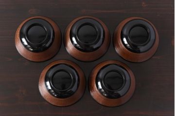 【D様ご成約分】和製アンティーク　シックな色合いが魅力的な木製糸目椀(漆器、和食器)5客セット(2)