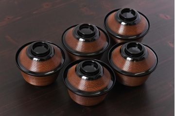 【D様ご成約分】和製アンティーク　シックな色合いが魅力的な木製糸目椀(漆器、和食器)5客セット(3)