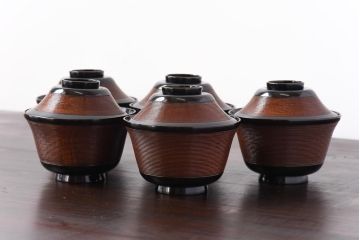 【D様ご成約分】和製アンティーク　シックな色合いが魅力的な木製糸目椀(漆器、和食器)5客セット(3)