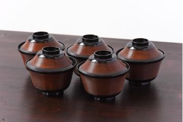 【D様ご成約分】和製アンティーク　シックな色合いが魅力的な木製糸目椀(漆器、和食器)5客セット(3)
