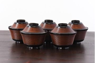 【D様ご成約分】和製アンティーク　シックな色合いが魅力的な木製糸目椀(漆器、和食器)5客セット(3)