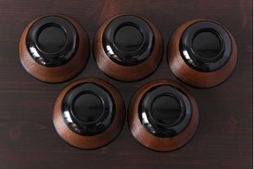 【D様ご成約分】和製アンティーク　シックな色合いが魅力的な木製糸目椀(漆器、和食器)5客セット(3)
