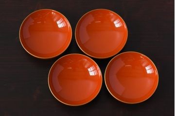 和製アンティーク　扇の図　沈金蒔絵　繊細な装飾が美しい蓋付き木製椀(漆器、和食器)4客セット